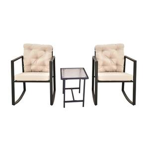 Kate 3 Pieces Set Metal Patio Outdoor Rocking Chair with Clearance Beige Cushion, Coffee Table for Yard and Bistro