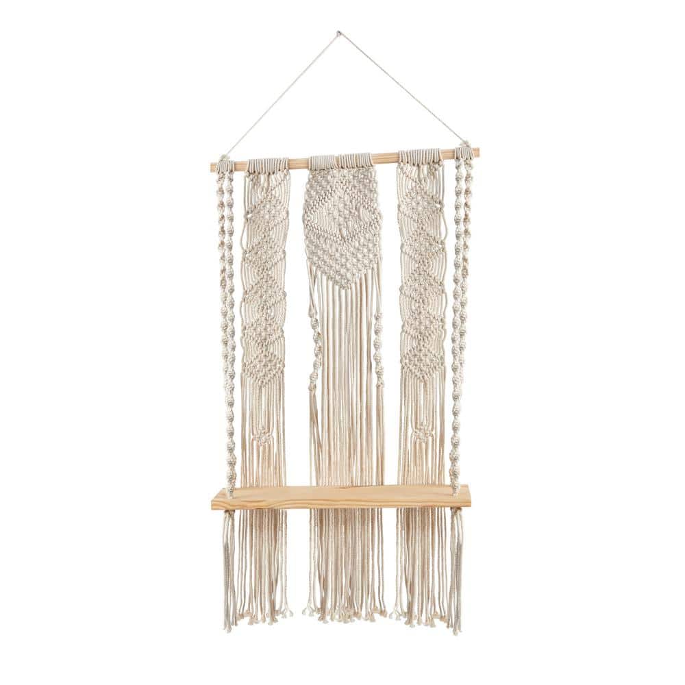 Nearly Natural in. x 18 in. x 30 in. Cream Macrame and Wood Layered Wall  Hanging with Shelf 7124 The Home Depot