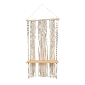 5 in. x 18 in. x 30 in. Cream Macrame and Wood Layered Wall Hanging with Shelf