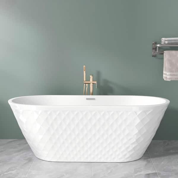 67 in. x 31 in. Acrylic Freestanding Soaking Bathtub with Diamond Wave Pattern in White with Chrome Pop-Up Drain Bathtub