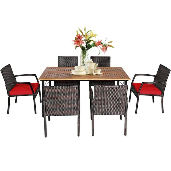 Costway 7-Piece Wicker Rectangular Outdoor Dining Set with Red Cushions