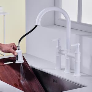 Double Handle 360°Swivel Spout Bridge Kitchen Faucet with Pull-Down Spray Head and 3-Modes in White