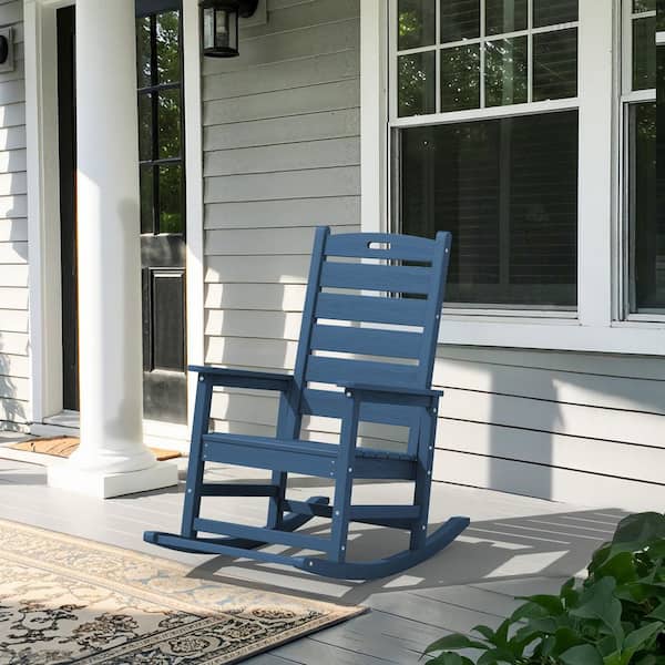 Navy HDPE Plastic Outdoor Patio Rocking Chair with Footrest