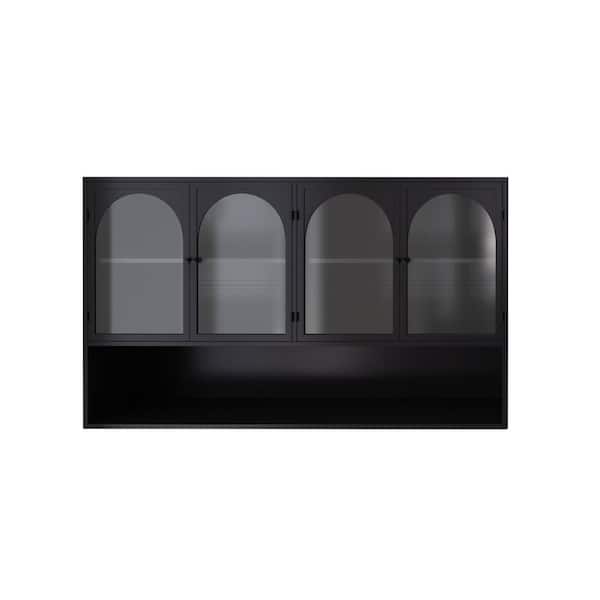47.25 in. W x 9 in. D x 27.5 in. H Black 4-door Glass Bathroom Storage Wall Cabinet for Kitchen, Living Room