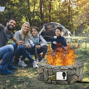 28 in. Outdoor Stainless Steel 40,000 BTUs Propane Gas Stone Finish Fire Pit Lava Rocks Cover Grey
