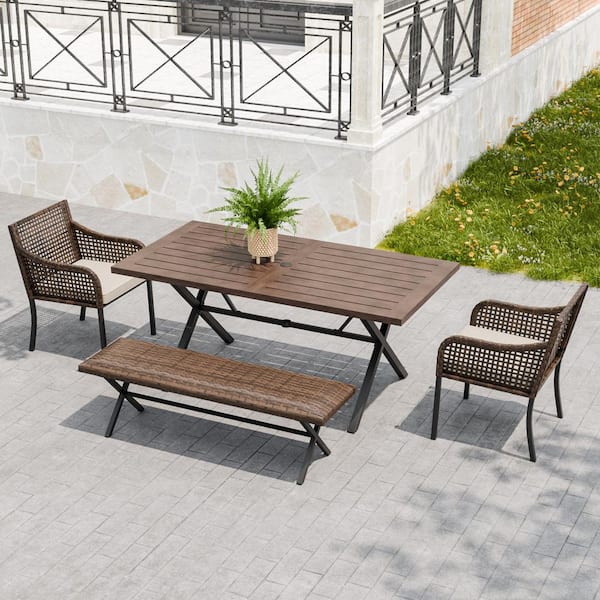 4-Piece Brown Wicker Outdoor Dining Set with Wood Table and Rattan Chairs and Bench and Beige Cushions