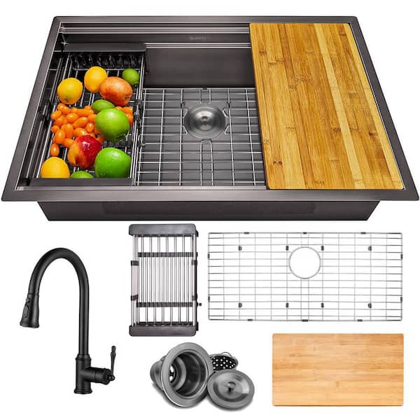 All-in-One 32 in. x 18 in. Undermount Single Bowl Gunmetal Black Stainless Steel Kitchen Sink with Pull-down Faucet