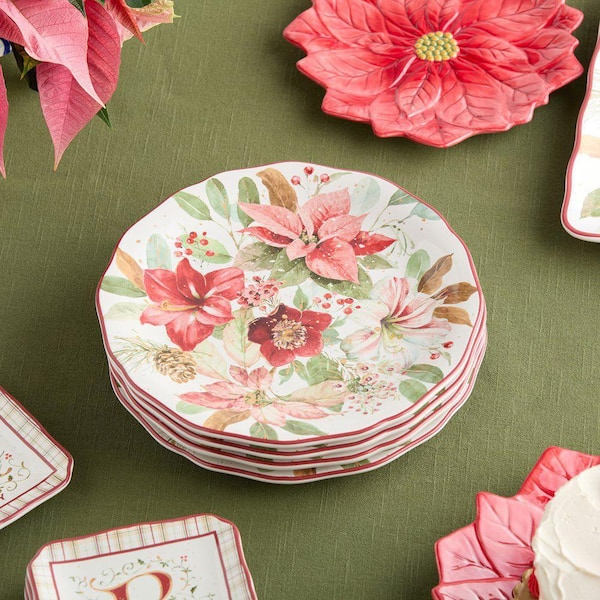 Winter Blooms 11 in. Assorted Colors Ceramic Dinner Plates (Set of 4)
