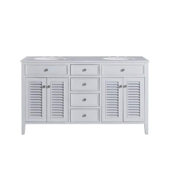 Unbranded Timeless Home 60 in. W x 21 in. D x 35 in. H Double Bathroom Vanity in Antique White with White Marble Top and Basin
