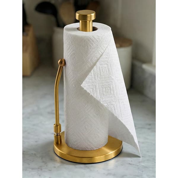 Stainless Steel Paper Towel Holder with Weighted Non-Slip Base and Spring Arm for Kitchen Countertop, Gold