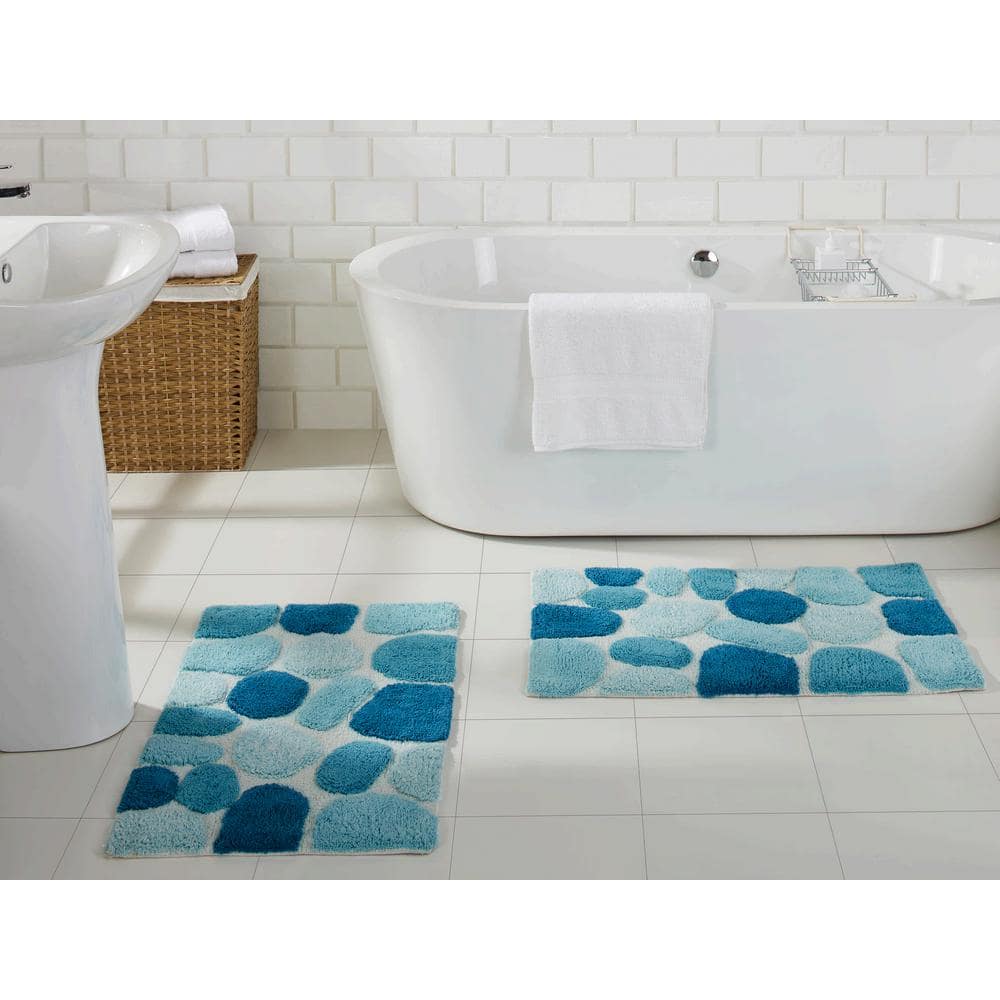 Arctic Blue Cotton Pebble Pattern Bath Rug Set