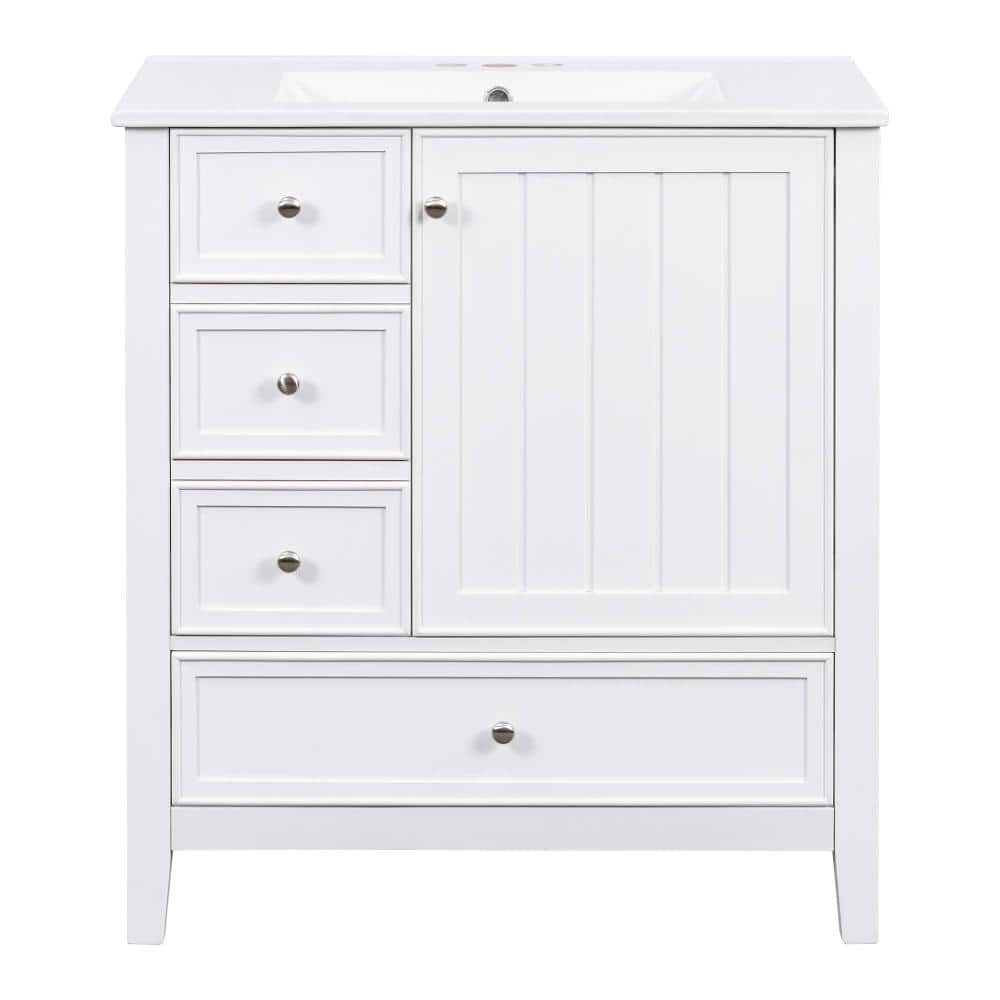 30 in. Freestanding White Bath Vanity with White Ceramic Top, Sink, 1 Cabinet, 3 Drawers, Solid Wood and MDF Board price history on PriceWatchPro