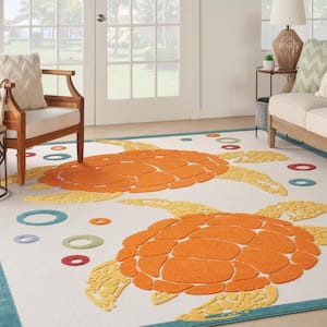 Aloha Teal Multi 8 ft. x 11 ft. Coastal Sea Turtle Botanical Contemporary Indoor/Outdoor Patio Area Rug