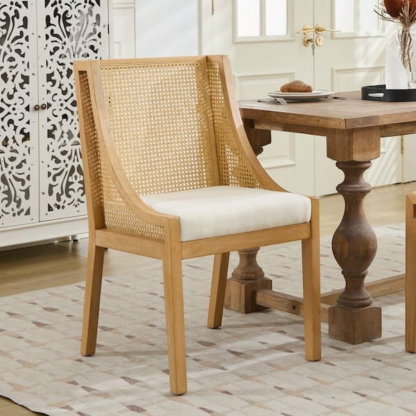 Beige Rattan Dining Chair, Linen Upholstered Side Chair with Decorative Armrest for Kitchen, Dining Room, Living Room