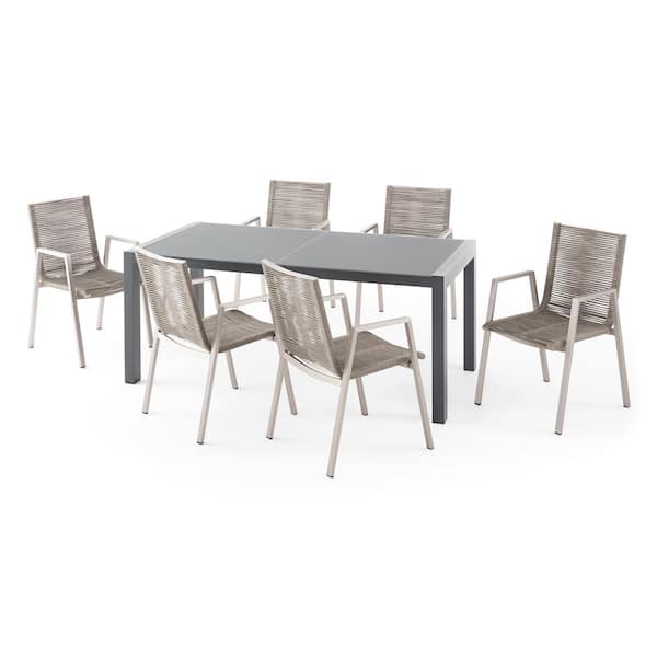Noble House Lazuli Grey 7-Piece Metal Rectangle 29.25 in. Patio Outdoor Dining Set