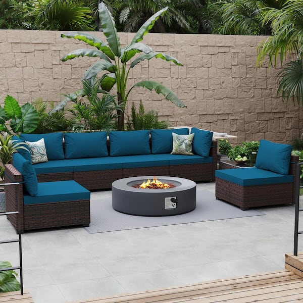 8-Piece Wicker Patio Conversation Set with Cushions and 42 in. Outdoor Round Fire Pit Table, Lake Blue Cushions
