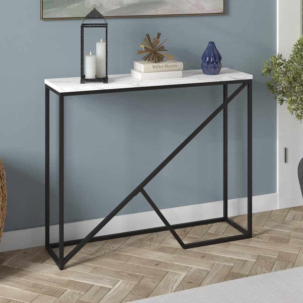Simplistic Elegance 36" Blackened Bronze Console Table with Faux Marble Top