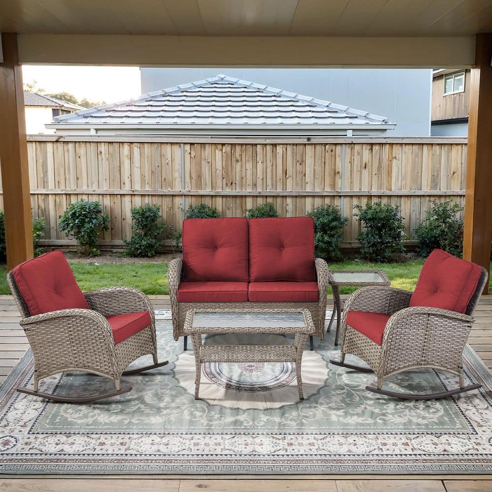 PlainCurve 5-Piece Gray Wicker Patio Conversation Set with Glider Loveseat and Olefin Red Cushions price history on PriceWatchPro