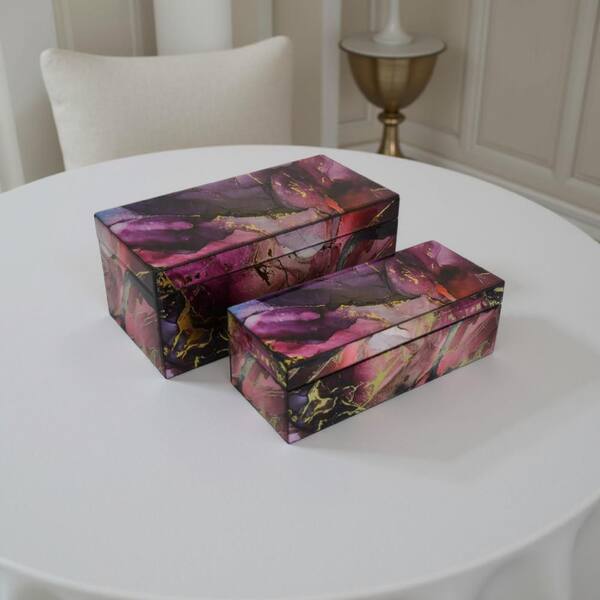 Dory Pink and Gold 6.75 in. W x 6 in. H Faux Agate Stone Accent Glass Decorative Box (Set of 2)