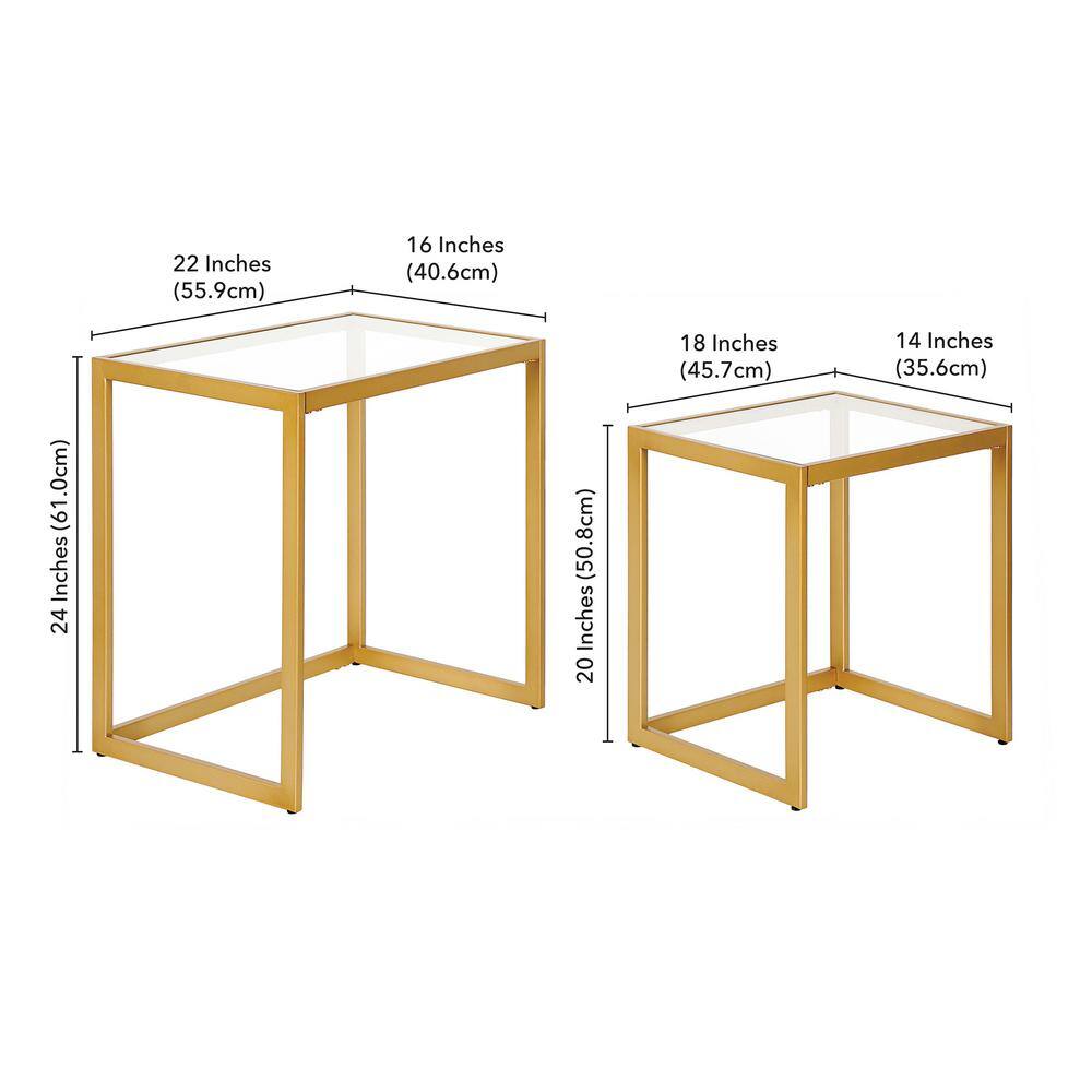 Gold Rectangular Metal and Glass Nested Accent Tables, Set of 2
