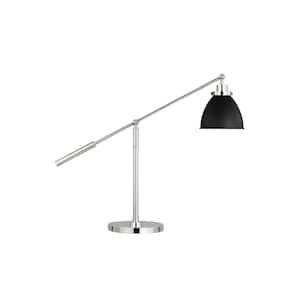 Wellfleet 30.375 in. W x 23.375 in. H 1-Light Midnight Black/Polished Nickel Dimmable Dome Desk Lamp with Steel Shade