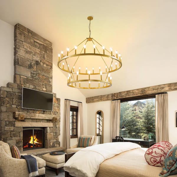 Magic Home 47 in. 36-Light Gold 2 Tier Large Farmhouse Wagon Wheel Loft Retro Round Chandelier for Living Room Foyer Cafe Bar