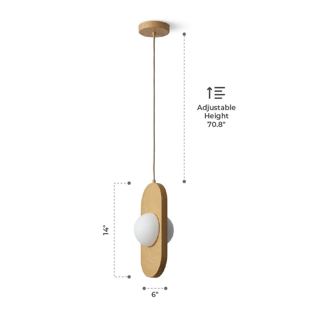 Natural Wood and Frosted Glass LED Pendant Light, 14" x 6"