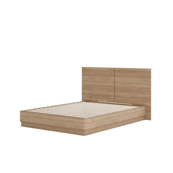 Milano Brown Oak Frame Queen Size Platform Bed with Headboard