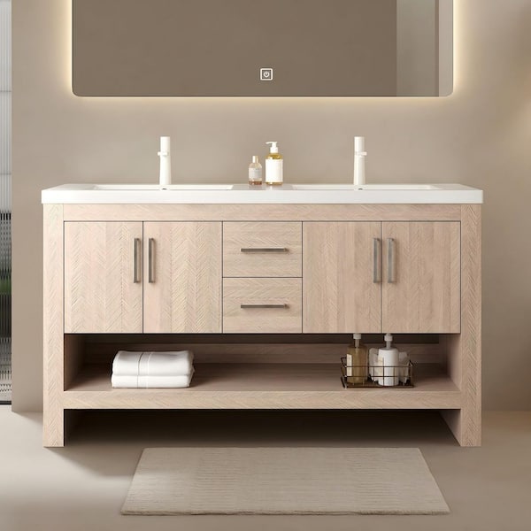 60 in. Double Sink Freestanding Plywood White Bath Vanity with White Acrylic Top (Assembled), Open Shelf