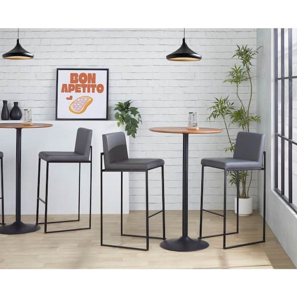 Fuji High Back 40.5 in. Grey Faux Leather and Black Metal Fixed-Height Bar Stool (Set of 3)