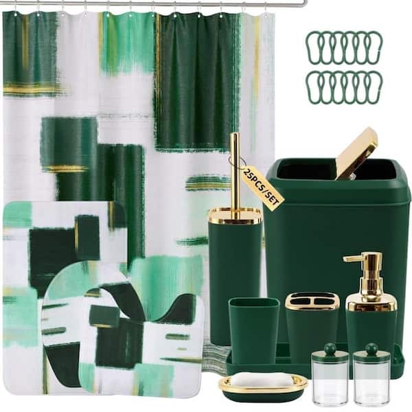 Dark Green and Gold Bathroom Accessory Set with Shower Curtain and Rugs for Home Bathroom Countertop Sets