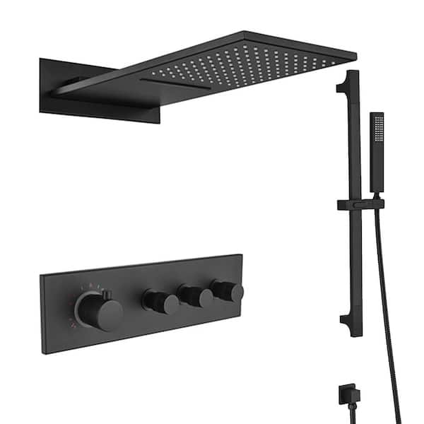 BTCSTAR Quadruple Handle 2-Spray Shower Faucet 2 GPM Multi-Function Rain Shower with Waterfall in. Matte Black (Valve Included)