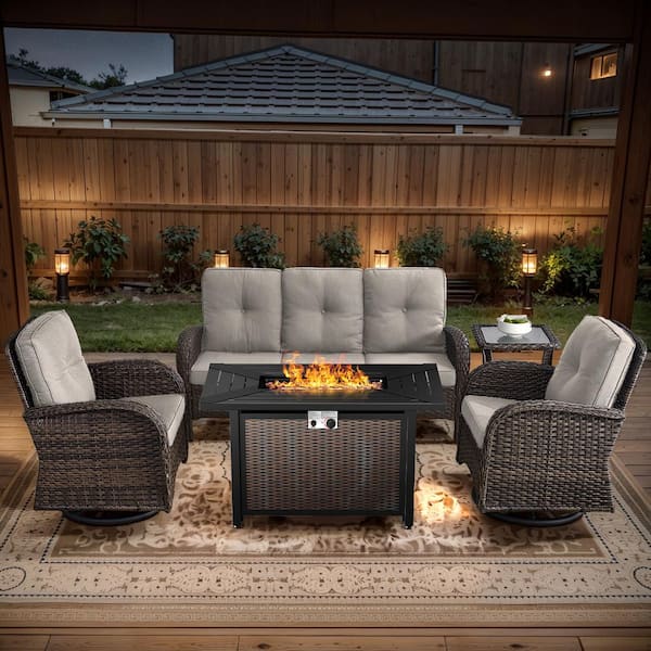 Brown 5-Piece Wicker Patio Fire Pit Set, Outdoor Sofa Seating Set with Olefin Beige Cushions and Swivel Rockers