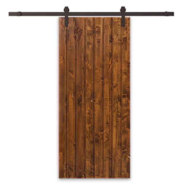 CALHOME 30 in. x 80 in. Walnut Stained Pine Wood Modern Interior Sliding Barn Door with Hardware Kit