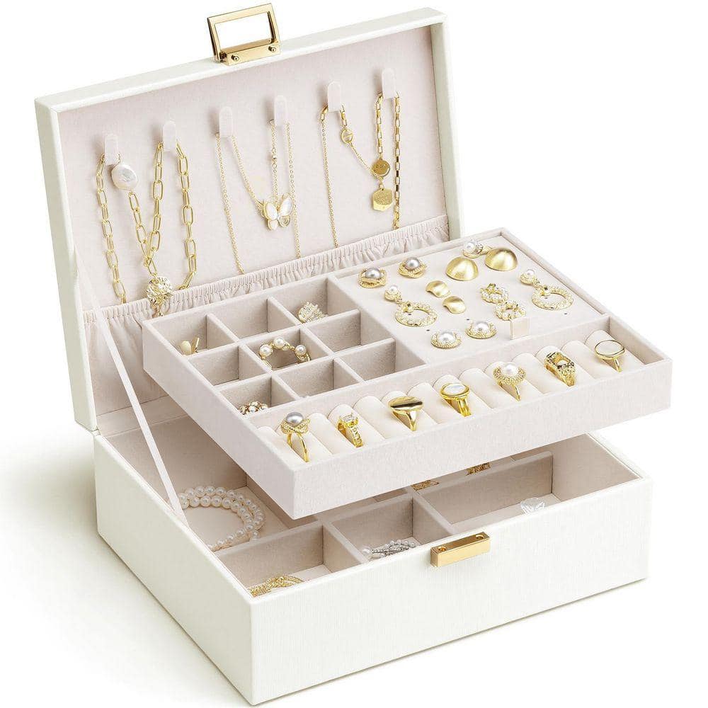 7.1 x 3.3 in. Cream White PU-Leather Jewelry Box with Removable