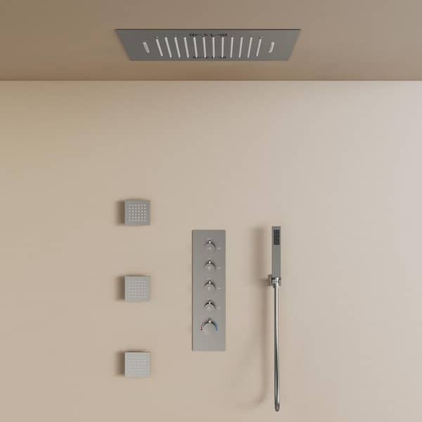 Aurora 20 in. Mood Light Quadruple Handles 4-Spray Shower Faucet 2.5 GPM with Bluetooth, Anti Scald in. Brushed Nickel