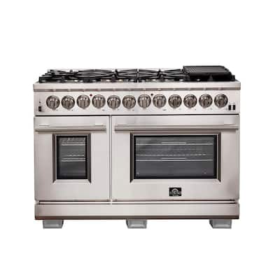 Capriasca 48 in. 6.58 cu. ft. Gas Range with 8-Gas Burners and Double Electric 240-Volt Oven in Stainless Steel
