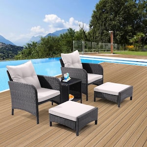 5-Piece Wicker Outdoor Patio Conversation Furniture Set All Weather with Beige Cushions for Poolside Garden Balcony Deck