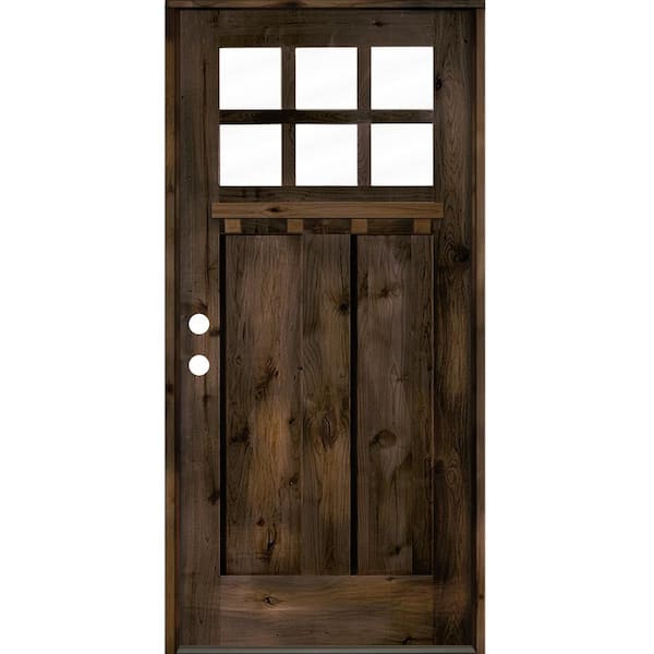 Krosswood Doors 36 in. x 80 in. Craftsman Alder Right Hand 6-Lite Clear Glass Black Stain Wood Prehung Front Door with Dentil Shelf