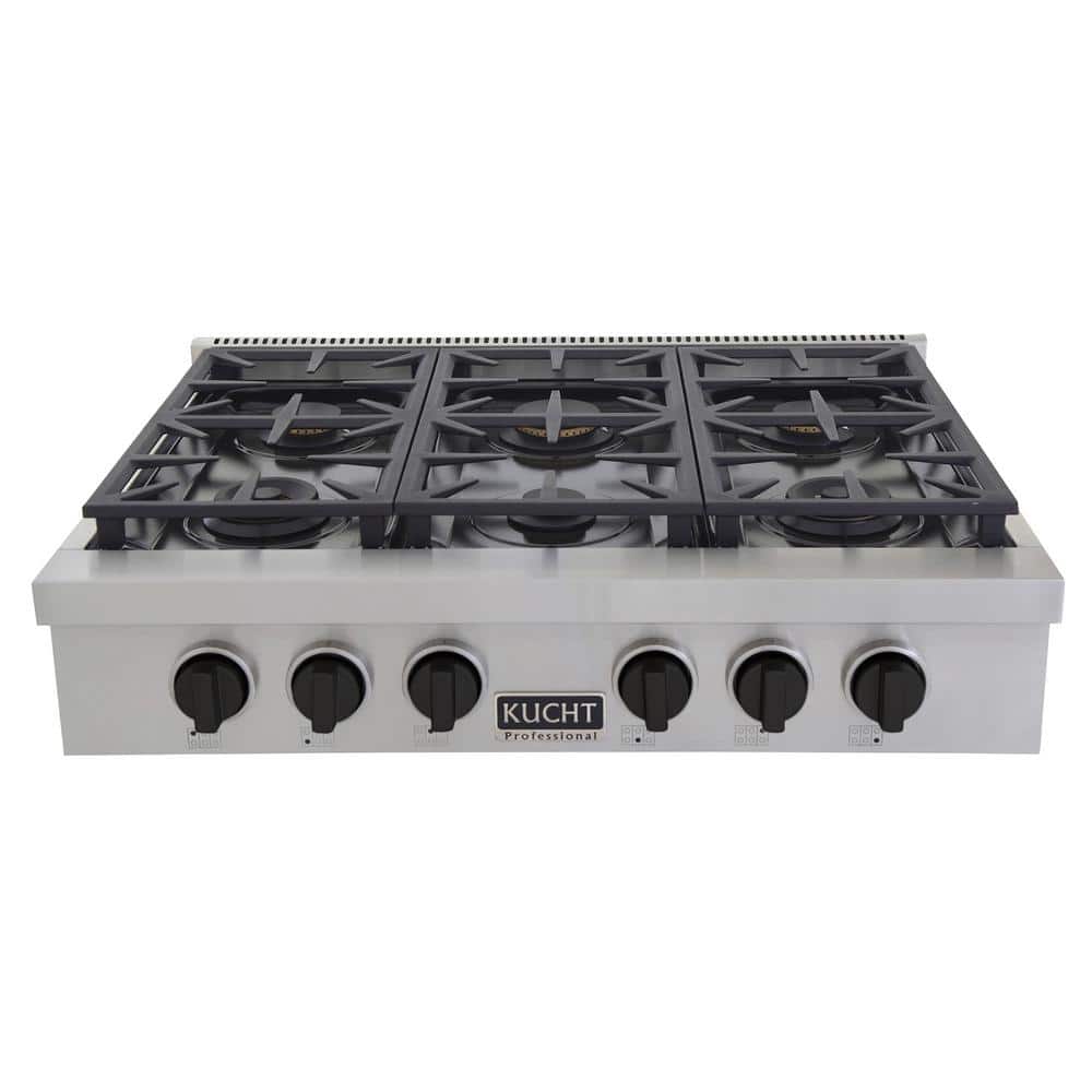 Kucht Professional 36 in. Natural GAS Range Top in Stainless Steel and Tuxedo Black Knobs with 6 Burners