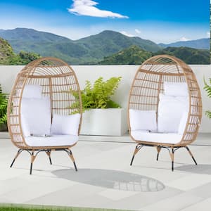 2 Pieces Oversized Outdoor Brown Rattan Egg Chair Patio Chaise Lounge Indoor Basket Chair with White Cushion