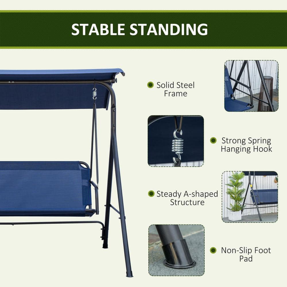 3-Person Dark Blue Metal Patio Swing with Adjustable Canopy