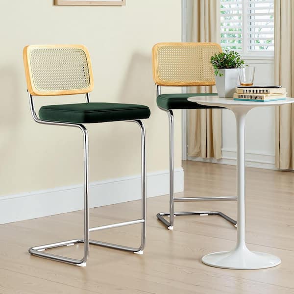 Lirago Dark Green Upholstered Velvet 30 in. Height Bar Stool with Rattan Back (Set of 2)