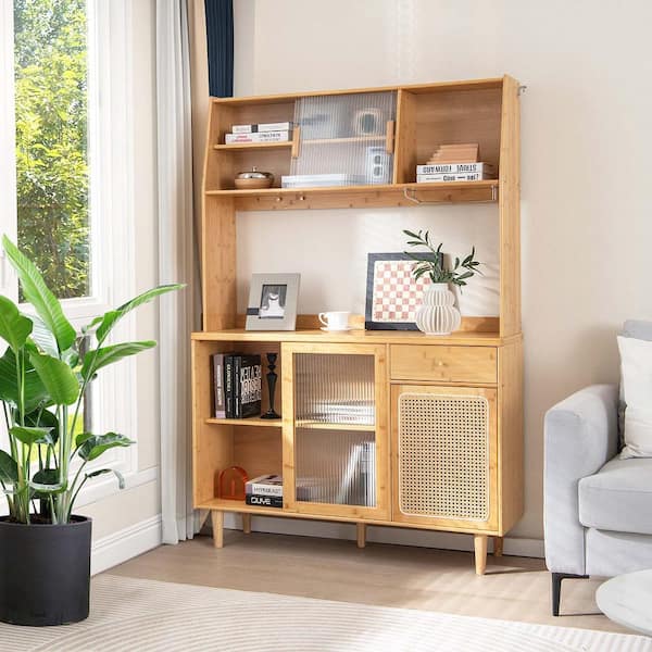 Natural Wood 47 in. Buffet Cabinet Wine Bar Pantry Cupboard Sideboard with Rattan Sliding Door