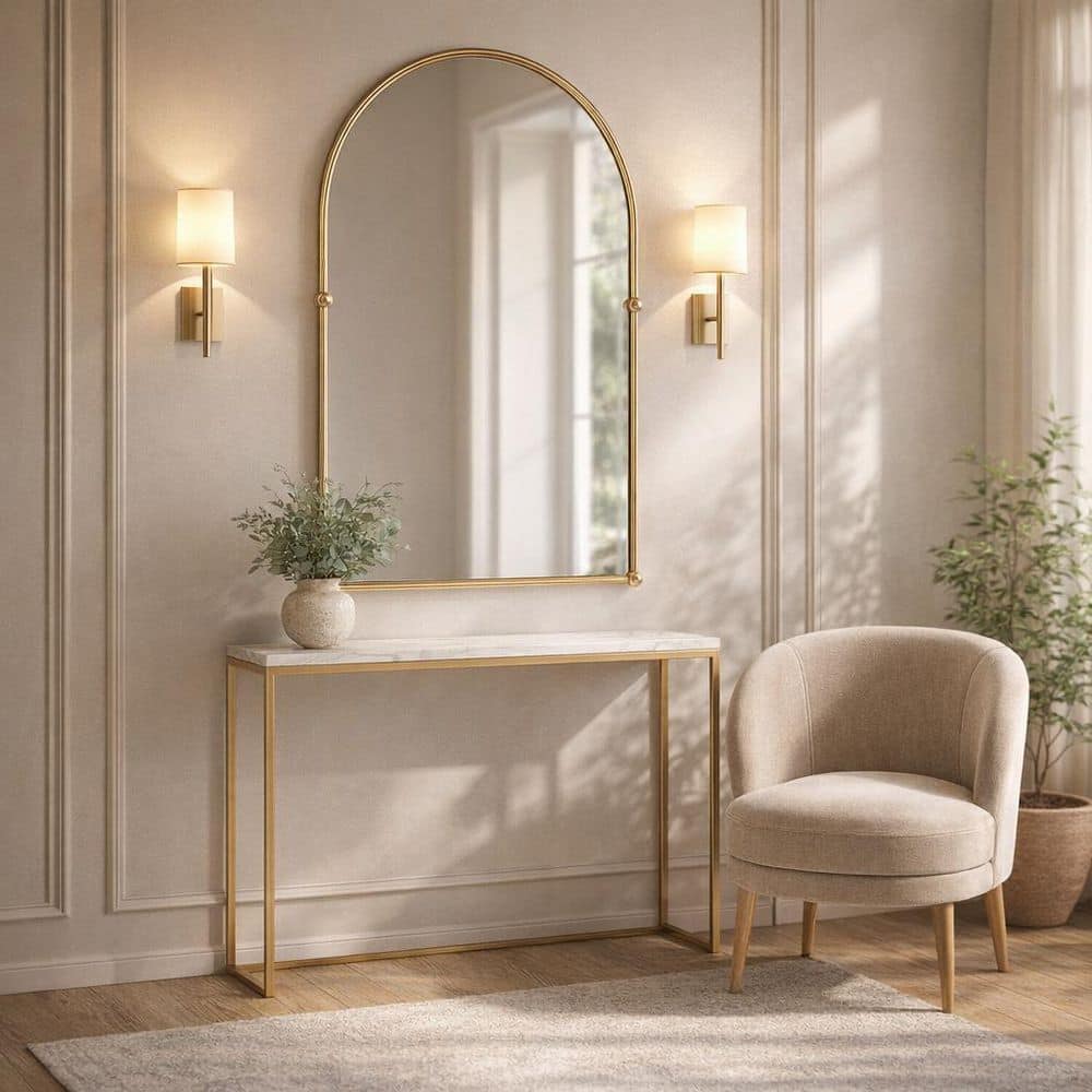 Liv & Skye Gold 24 in. W x 38 in. H Arch Iron and Wood Wall Mirror with Knobs