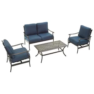 4-Piece Metal Patio Conversation Set with Blue Cushions