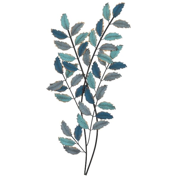 15 in. x  32 in. Metal Blue Leaf Wall Decor with Gold Accents