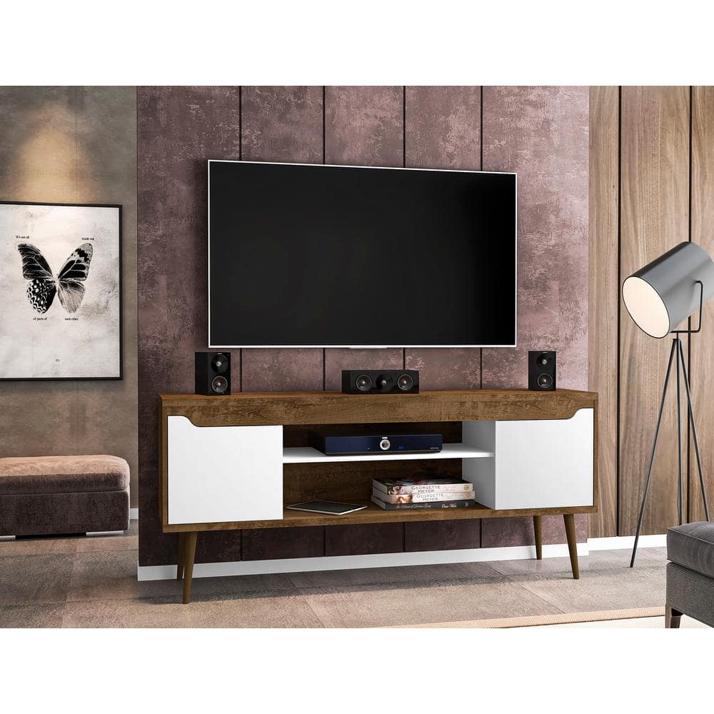 Rustic Brown and White Solid Wood 63" TV Stand with Cabinet Storage