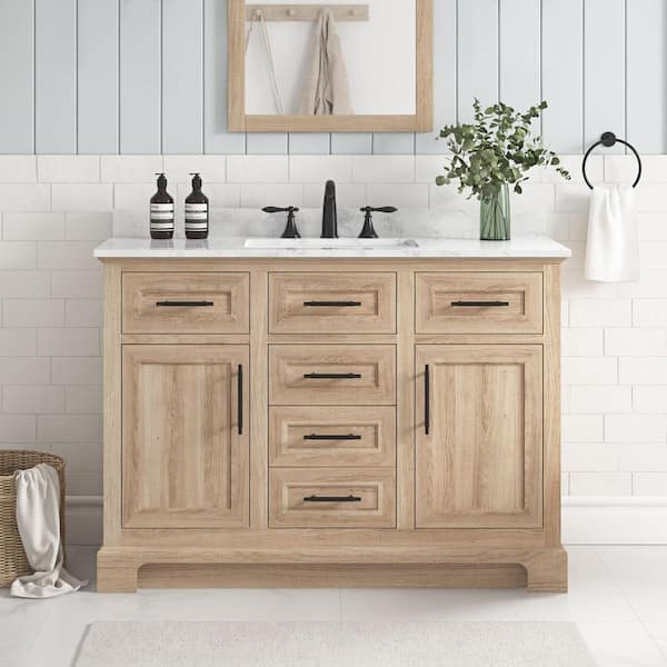 Doveton 48 in. Single Sink Freestanding Weathered Tan Bath Vanity with White Engineered Marble Top (Assembled)