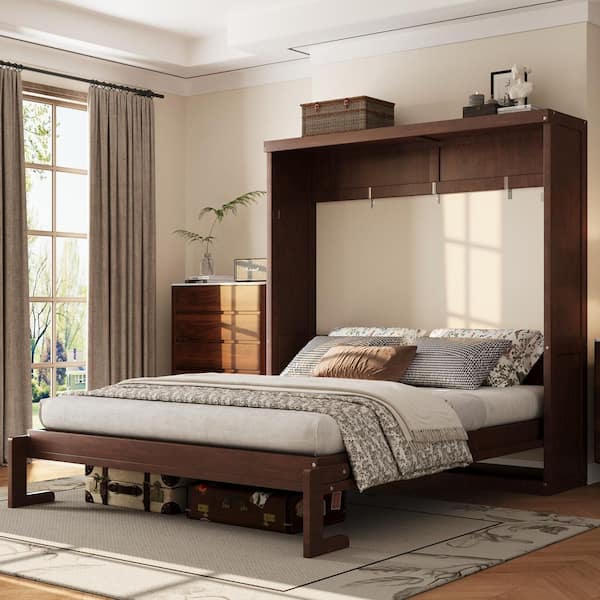 Espresso/Brown Wood&Metal Frame Full Size Murphy Bed with Space-saving Design